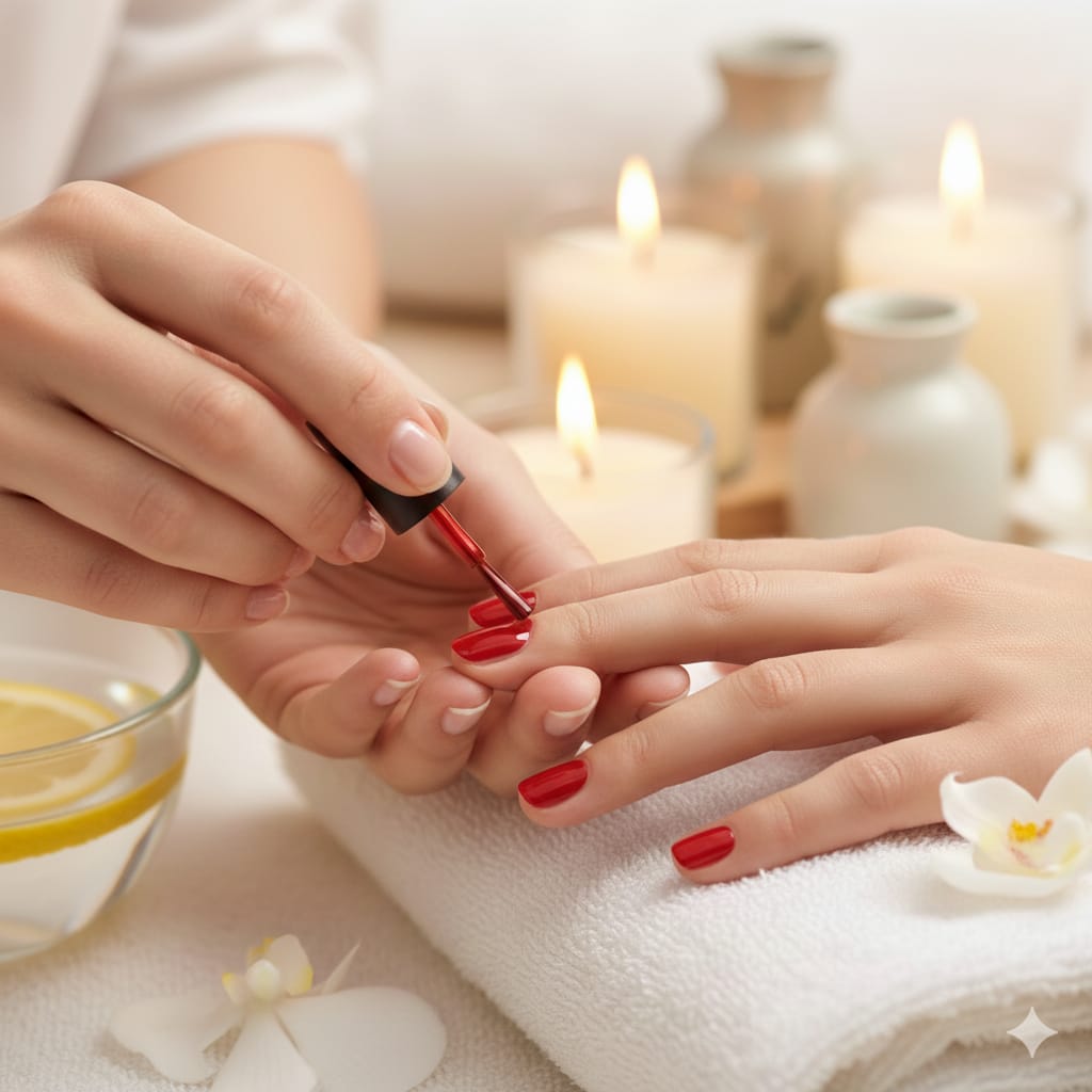 Unhas com esmaltação vermelha clássica